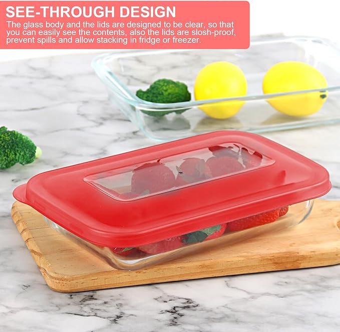 8 Pieces Glass Baking Dish with Lids Rectangular Glass Baking Pan Bakeware Set with BPA Free Lids, Baking Pans for Lasagna, Leftovers, Cooking, Kitchen, Fridge-to-Oven, Red