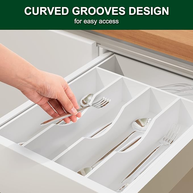 Bellsal White Utensil Organizer 10 Inch Silverware Tray for Drawer - 5 Compartment Small Narrow Bamboo-NeatNest