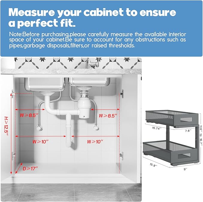 2-Pack Under Sink Organizers And Storage,Large Capacity 2-Tier Pull-Out Cabinet Organizer With Upgraded Tube Rails,Adjustable Height Sliding Drawers,Sturdy Mesh Shelves For Kitchen&Bathroom-Grey-NeatNest