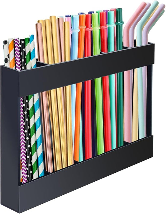 Acrylic Straw Holder Dispenser with Double Sided Adhesive Tape Reusable Tumbler Lid Straw Organizer Storage Container for Counter Cabinet Cupboard Kitce (Black)