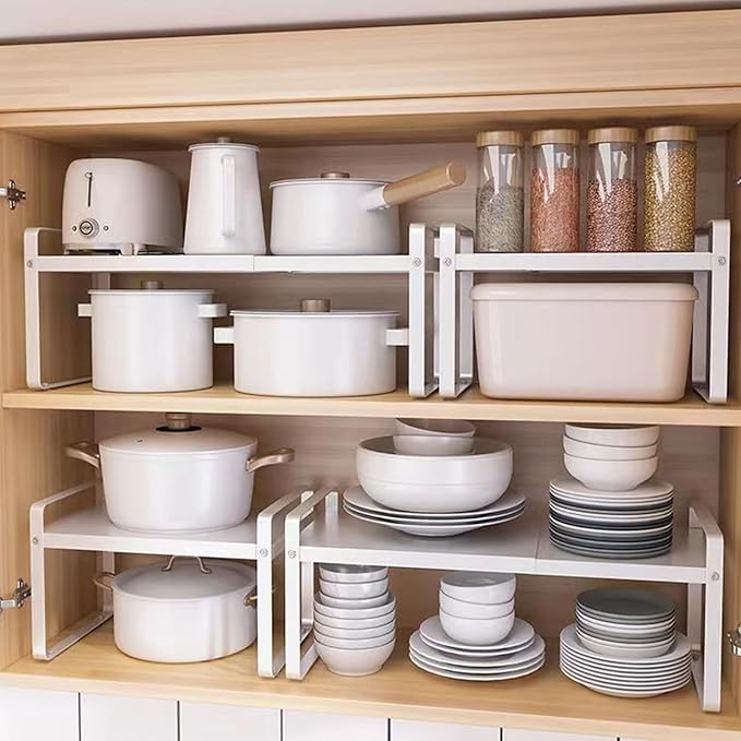 Expandable Cabinet Shelf, Lengths Adjustable Shelf Organizer Riser, Metal Space-Saving Cupboard Organizers for Kitchen Cabinet Pantry Cupboard Under Sink Countertop, White-NeatNest