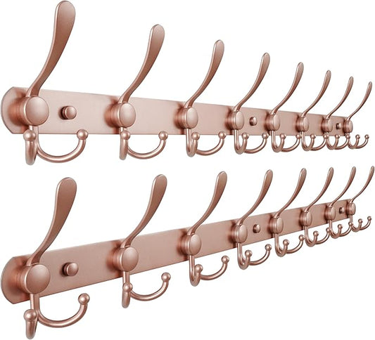 Dseap Coat Rack Wall Mount - 29.5” Long 8-Tri-Hooks Heavy Duty Coat Hanger Rail Wall Hooks for Hanging Coats Hats Clothing Clothes Purse Mudroom Entryway, Rose Gold, Pack of 2-NeatNest