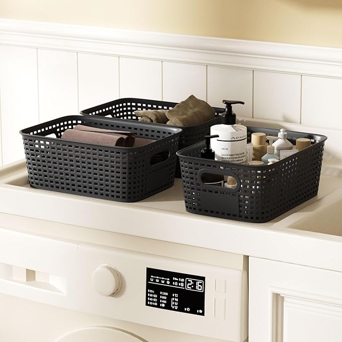 6-Pack Small 5 Qt Stackable Storage Bins with Bamboo Lids - Decorative Cute Plastic Baskets Boxes Containers with Labels for Organizing Shelves, Classroom, Closet, Desktop, Office - Black-NeatNest