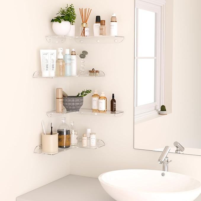 11.4x16 Inch Acrylic Corner Floating Shelf Set of 4, Clear Corner Wall Shelf for Home Décor, Speakers, Security Cameras, Toileries, Plants, Figures, Cosmetics, Books