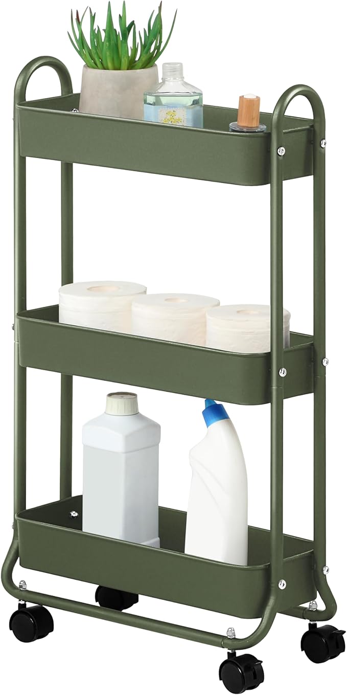 SunnyPoint Slim Rolling Storage Cart, 3 Tier Bathroom Storage Organizer Bathroom, Laundry Utility Cart (Army)-NeatNest
