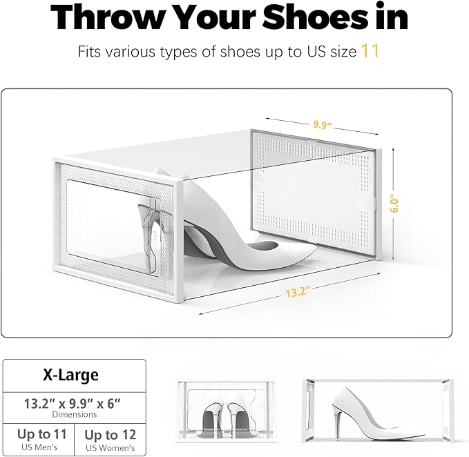 SEE SPRING X-Large Shoe Storage Box Fit Size 11, Clear Plastic Stackable Shoe Organizer for Closet, Space Saving Foldable Shoe Rack Sneaker Container Bin Holder, 12 Pack Clear-NeatNest