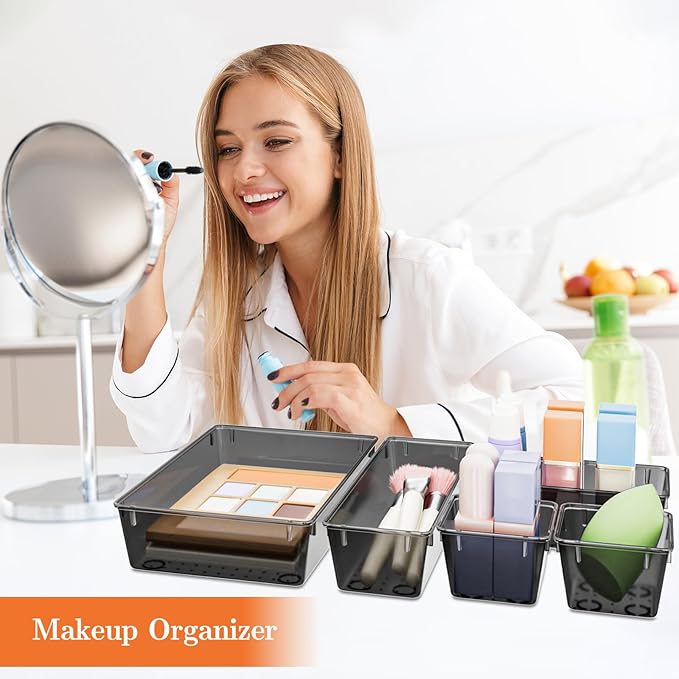 25 PCS Plastic Drawer Organizer Set, 4-Size Versatile Organizer Trays & storage Bins for Makeup, Jewelry, and Gadgets in Bathroom, Bedroom and Office,Clear Black-NeatNest