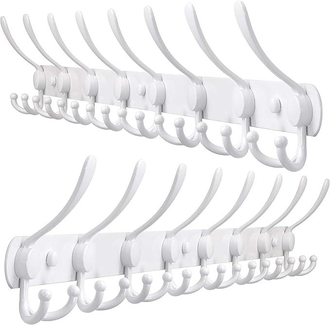 Dseap Coat Rack Wall Mount - 29.5” Long 8-Tri-Hooks Heavy Duty Coat Hanger Rail Wall Hooks for Hanging Coats Hats Clothing Clothes Purse Mudroom Entryway, White, Pack of 2-NeatNest