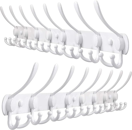 Dseap Coat Rack Wall Mount - 29.5” Long 8-Tri-Hooks Heavy Duty Coat Hanger Rail Wall Hooks for Hanging Coats Hats Clothing Clothes Purse Mudroom Entryway, White, Pack of 2-NeatNest