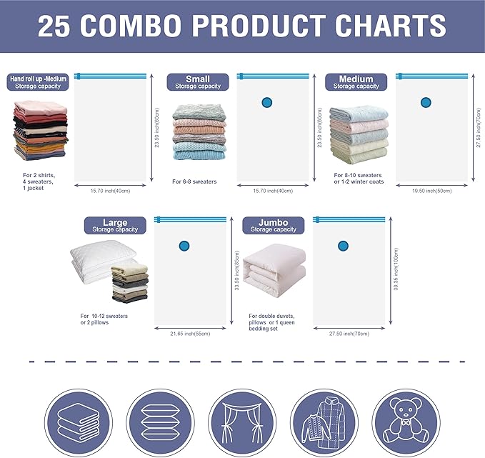 25 Pack Vacuum Storage Bags, Space Saver Vacuum Storage Bags, Vacuum Seal Bags for Clothing, Clothes, Comforters and Blankets, Hand Pump Included-NeatNest