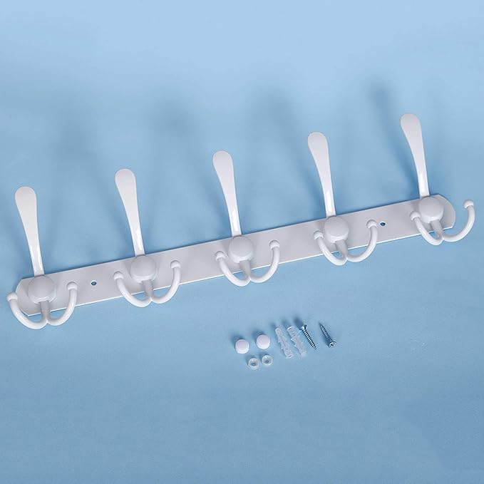 Coat Rack Wall Mounted,5 Tri Stainless Steel Coat Hook for Coat Hat Robes Towel in Mudroom Entryway (White, 2 Pack 5 Hook)-NeatNest