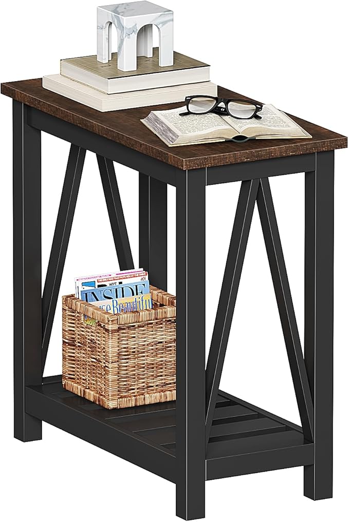ChooChoo Farmhouse End Table, Rustic Vintage Narrow End Side Table with Storage Shelf for Small Spaces, Nightstand Sofa Table for Living Room, Bedroom Black-NeatNest