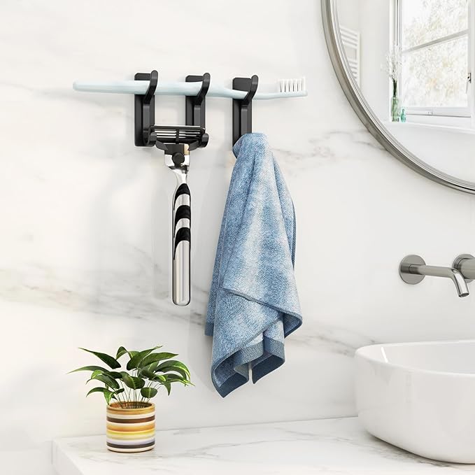 pickpiff Adhesive Wall Coat Hooks - Heavy Duty Stick-On Door Hanger, Black Metal Hook for Hanging Towel,Purse, Robe, Backpack, Jacket, Clothes - for Bathroom,Dorm, Closet, Kitchen - 4 Pack