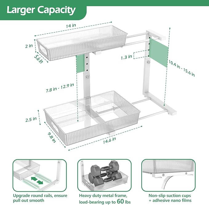 ADRIMER Under Sink Organizer 2 Packs, Pull Out Kitchen Sink Organizer, 2 Tier Slide Out Kitchen Organizers and Storage Bathroom Under Cabinet Storage Shelf, Transparent & White-NeatNest