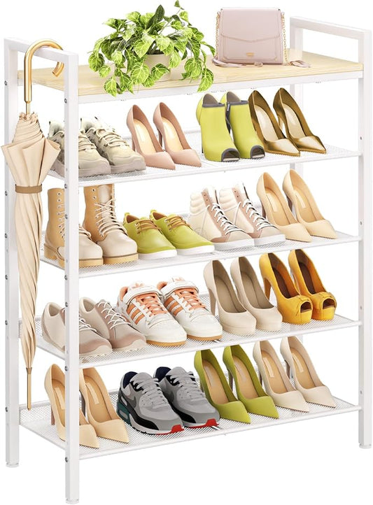 Shoe Rack for Front Door Entrance, 5 Tier Shoe Rack for Entryway, 16-20 Pairs of Shoes, Metal Shoe Racks Organizer, Free Standing Shoe Racks for Closet, Garage, Outdoor (White+Beige)-NeatNest