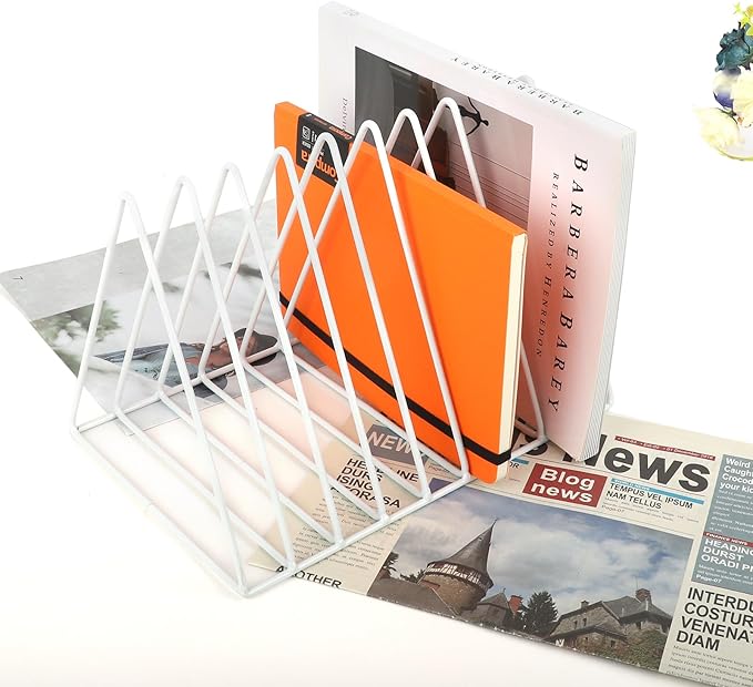 EASEPRES Vinyl Record Holder Storage, 9 Slot Metal Magazine Book Album Display Rack, Stylish Triangle Desktop File Sorter Organizer for Home Office, White Pack of 2