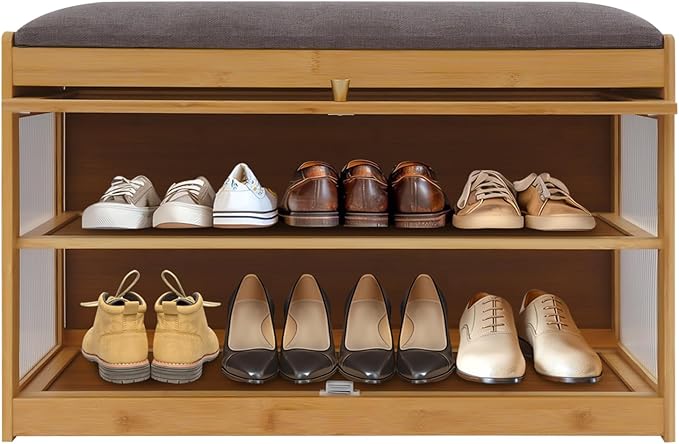 Eapmic Shoe Storage Bench, Entryway Shoe Rack Bench with Padded Seat Cushion, 2-Tier Shoe Cabinet, Bamboo Shoe Organizer for Hallway Bedroom Living Room Front Door (Burlywood, 27.56 * 12.6 * 16.53in)