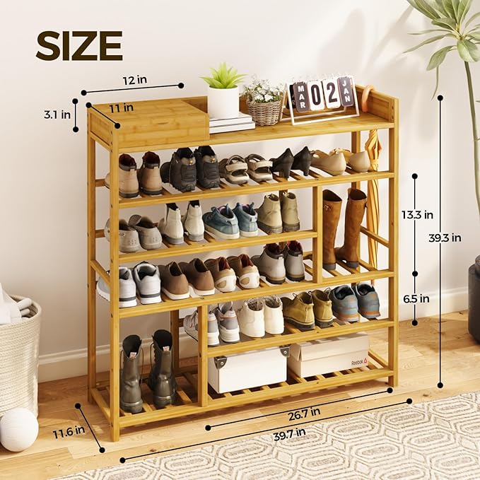 Bamworld Shoe Rack for Front Door Entrance Bamboo Shoe Organizer with Storage Box Free Standing Shoe Cabinet Shoe Storage Shelf for entryway, Closet and Doorway (Natural)-NeatNest