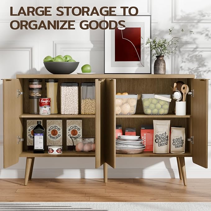 47.2" Sideboard Buffet Cabinet with Storage, Modern Fluted Accent Credenza with 4 Doors, Buffet Media Console Entryway Cabinet with Adjustable Shelve for Living Dining Room Hallway, Natual Oak-NeatNest