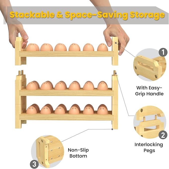 Egg Holder Countertop, 3-Tier Stackable Wooden Egg Holder for 54 Eggs, Space Saving Countertop Organizer, Multi-Size Egg Storage Rack for Chicken Duck Turkey Quail Eggs, Natural