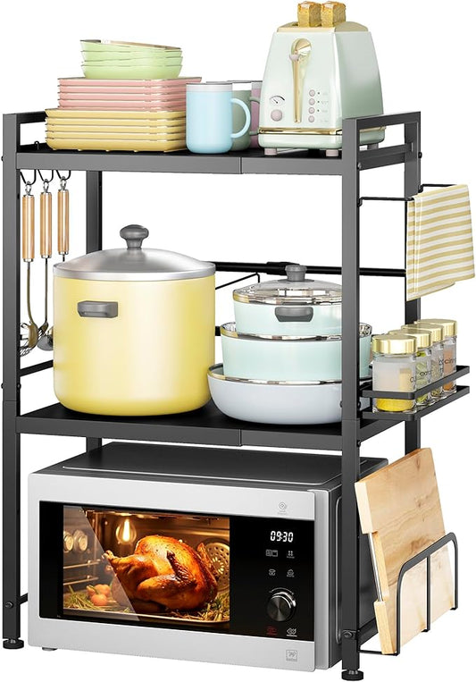 DOLALIKE Microwave Oven Rack, Expandable Microwave Stand Countertop Kitchen Utensils Tableware Storage, Carbon Steel Over Microwave Shelf Countertop with 6 Hooks-NeatNest