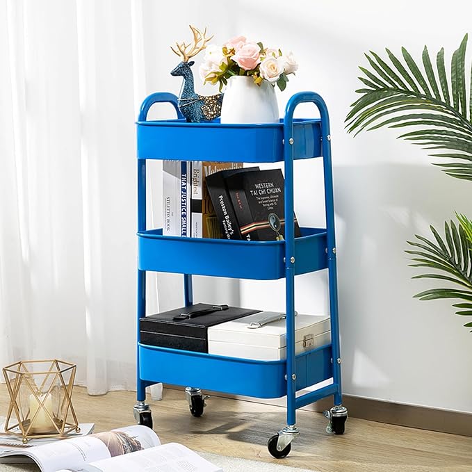AGTEK Makeup Cart, Movable Rolling Organizer Cart,3 Tier Metal Utility Cart, Aristocratic Blue-NeatNest