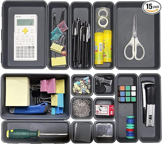 15 PCS Interlocking Desk Drawer Organizer Separator for Office,Bathroom,Kitchen,Makeup（Black）-NeatNest