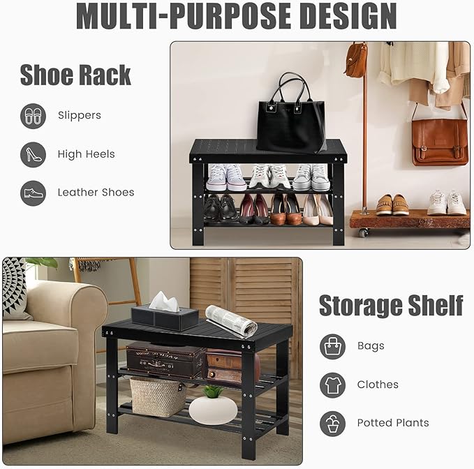 Giantex Entryway Shoe Bench, Bamboo Shoe Shelf Organizer Holds up to 6 Pairs, 3-Tier Black Shoe Storage Rack Heels, Slippers for Entry, Living Room, Bathroom (Black)