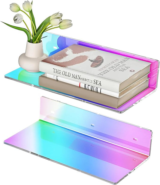 12 Inches Iridescent Acrylic Wall Shelves Set of 2, White Floating Shelf, Wall Mounted Shelves for Funko Pop Shelves, Smart Speaker, Plants, Picture Frame, Digital Clock, 2 Pack-NeatNest
