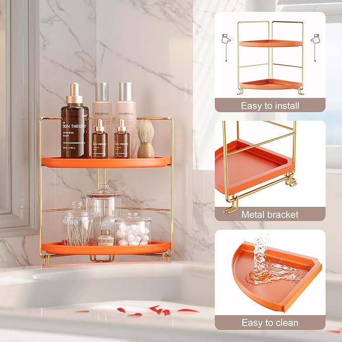FSyueyun 2-Tier Corner Bathroom Counter Organizer, Tool-Less Installation Corner Vanity Organizer Small Plastics Countertop Makeup Tray Skincare Perfume Organizers (Gold & Orange)-NeatNest