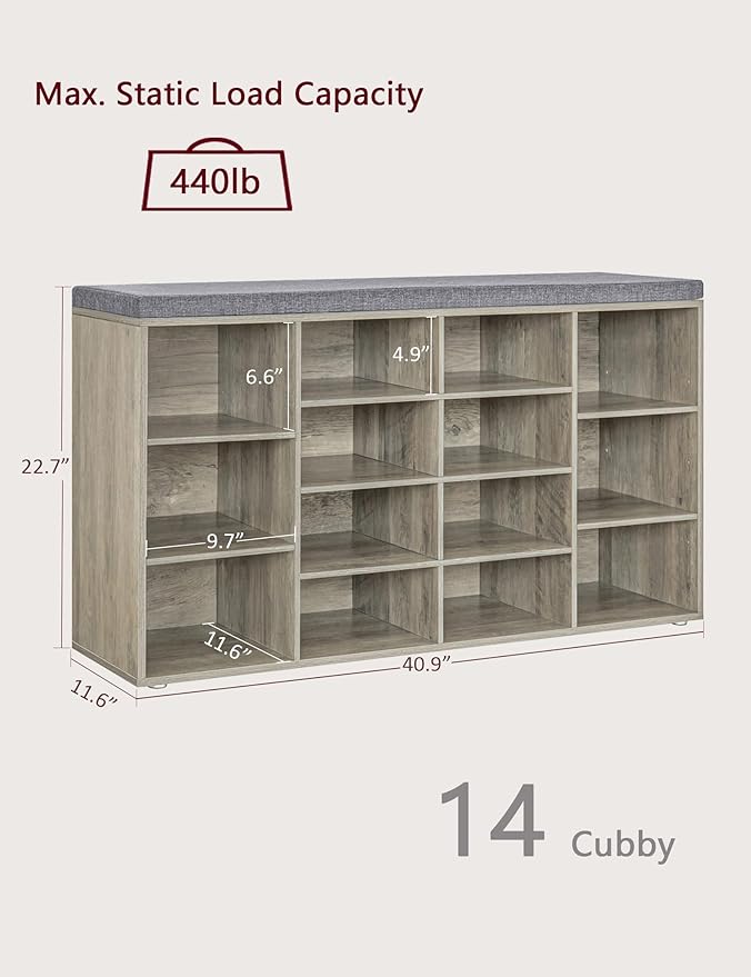 DINZI LVJ Shoe Storage Bench with Cushion, 14-Cubby Shoe Rack, Adjustable Shelves, Multifunctional Shoe Organizer Bench for Entryway, Mudroom, Hallway, Living Room, Bedroom and Garage, Gray Wash-NeatNest