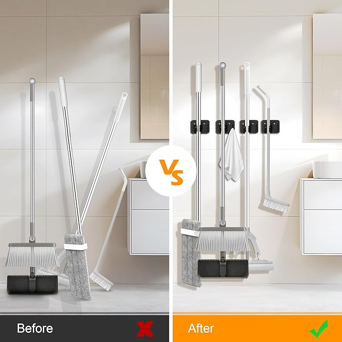 4 Pack Stainless Steel Broom Holder Wall Mount with Hook, Screw Drilling Broom and Mop Organizer Wall Hanging, Heavy Duty Storage Rack for Laundry Garage Closet Garden Tool Organizer, Black-NeatNest