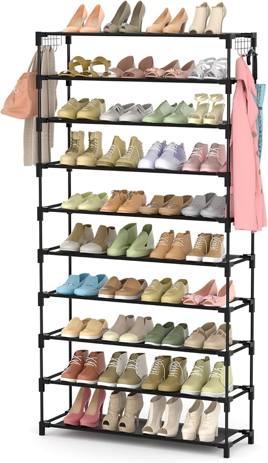 10 Tiers Shoe Rack 50 Pairs Large Capacity Tall Shoe Organizer Sturdy Shoe Storage with Two Hooks Space Saving Metal Wide Shoe Rack for Closet, Entryway, Bedroom, Black-NeatNest