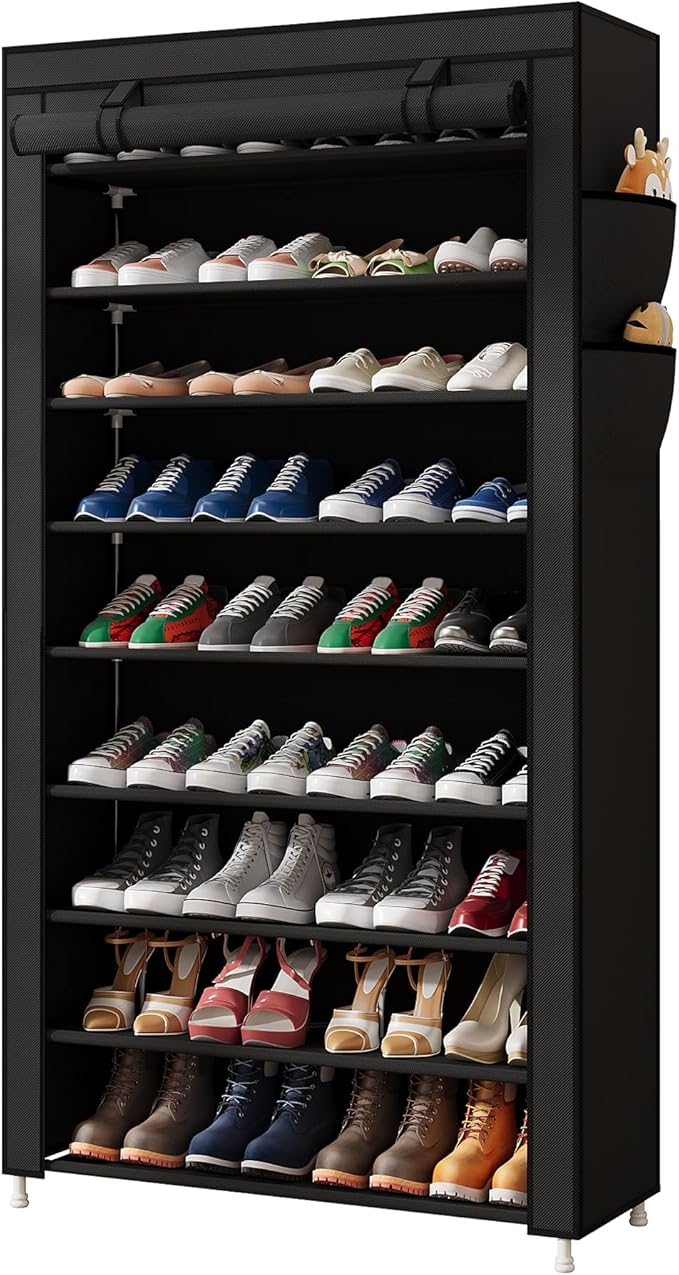 Laiensia 9-Tier Vertical Shoe Rack Organizer, Space Saving Shoe Storage Organizer, Non-Woven Cover Shoe Shelf Holds 36-45 Pairs for Bedroom, Hallway, Closet Entryway, Black-NeatNest