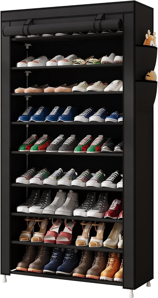 Laiensia 9-Tier Vertical Shoe Rack Organizer, Space Saving Shoe Storage Organizer, Non-Woven Cover Shoe Shelf Holds 36-45 Pairs for Bedroom, Hallway, Closet Entryway, Black-NeatNest