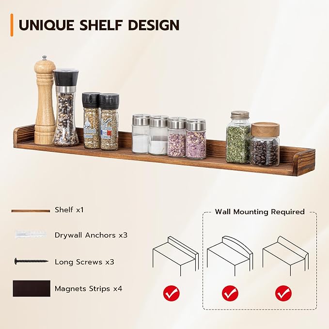 Fun Memories Stove Top Shelf, 30" Magnetic Shelf for Kitchen Stove, Pine Wood Stove Shelf, Wall Mounted Shelf for Home Storage Organization, Heat and Pressure Resistant, 1pcs, Dark Brown