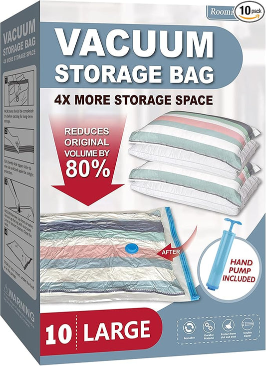 10 Large Vacuum Storage Bags with Hand Pump, Large Vacuum Seal Bags for Clothing, Space Saver Bags for Travel Lugggage, Blankets, Comforters-NeatNest