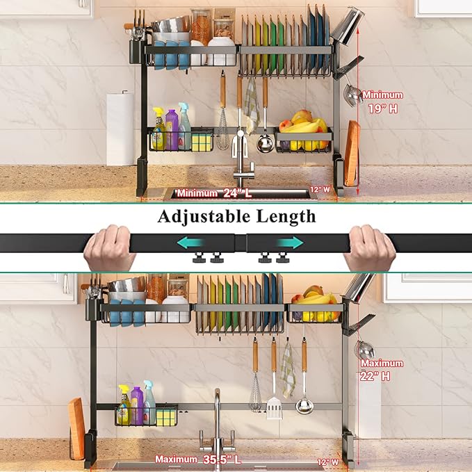 ADBIU Over The Sink Dish Drying Rack (Expandable Height and Length) Snap-On Design 2 Tier Large Dish Rack (24" - 35.5"(L) x 12.1"(W) x 19" - 22"(H))