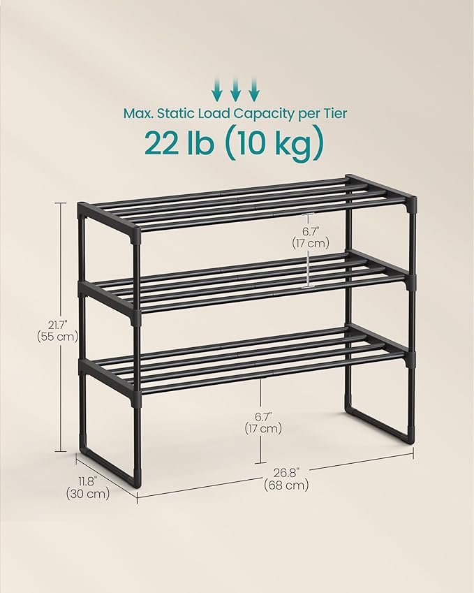 SONGMICS Shoe Rack, 3-Tier Shoe Organizer, Metal Storage Shelf, Upright or Upside Down, for 8-12 Pairs, Stackable, for Entryway, 11.8 x 26.8 x 21.7 Inches, Black ULSA203B01-NeatNest