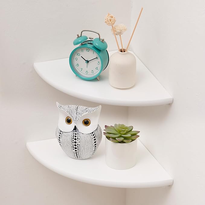 Corner Shelf, White Floating Corner Shelf, Set of 2 7inch Solid Oak Wood Corner Wall Shelves, Round End Wall Mount Display Shelf with Wire Hole for Small Plant for Bedroom Kitchen, Living Room-NeatNest