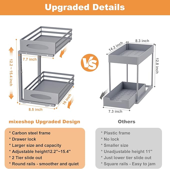 Under Sink Organizer, 2 Tier Under Sink Organizers and Storage, Adjustable Height, Slide Out Metal Cabinet Organizers, Pull Out Cabinet Storage Drawer Shelf for Kitchen Bathroom Gray, 1 Pack-NeatNest