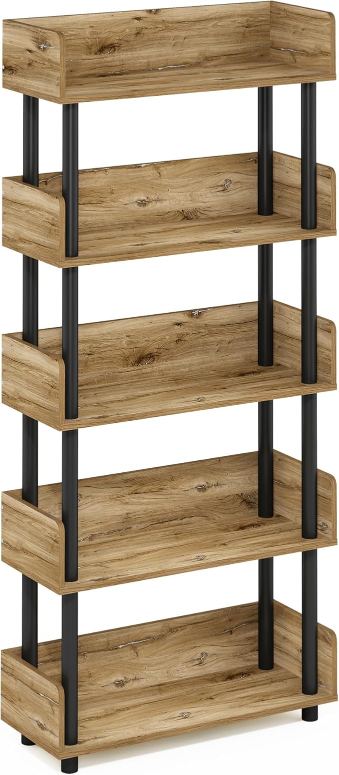 Furinno Turn-N-Tube 5-Tier Multipurposes Display Rack, Open Shelf Rack/Storage with back & side panel, Flagstaff Oak/Black-NeatNest