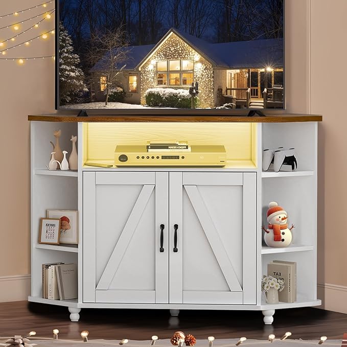 4 EVER WINNER Corner TV Stand for 50 Inch TV, Corner Entertainment Center with LED Lights and Adjustable Shelves, Farmhouse Corner TV Cabinet with Barn Doors for Living Room, White-NeatNest