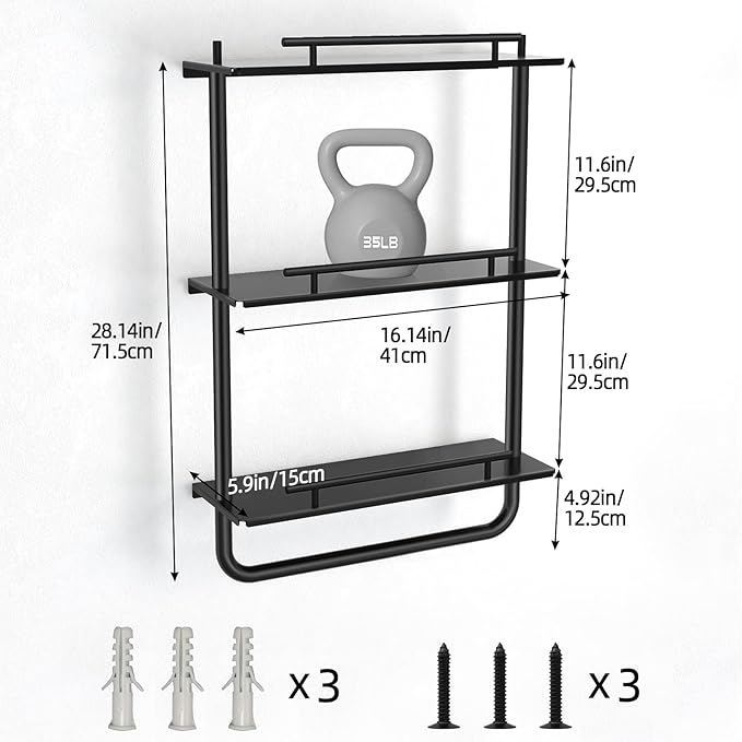 Floating Shelves, 3 Tier Wall Mounted Metal Floating Shelves Black with Frame and Towel Rack for Bathroom, Living Room, Bedroom, Kitchen