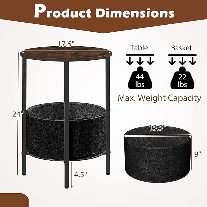 GOFALME Round End Table with Storage, Sofa Side Table with Removable Fabric Basket, Metal Frame, Wooden Top, Industrial, 2-Tier Bedside Table for Living Room, Bedroom, Rustic Brown
