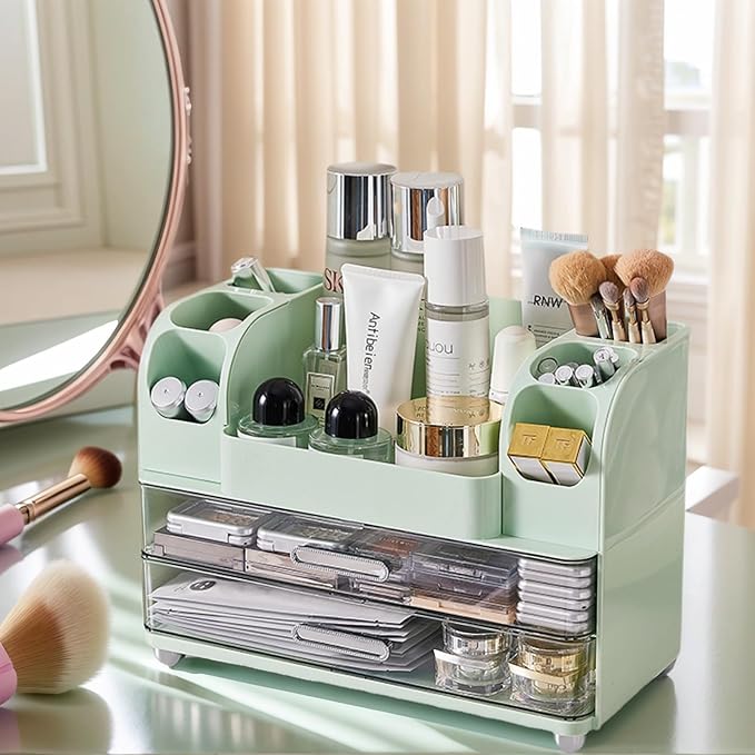 Makeup Organizer with 2 Drawers, Cosmetic Display Case, Storage Holder for Vanity, Bathroom Counter, Desk, Beauty Supplies (Green)