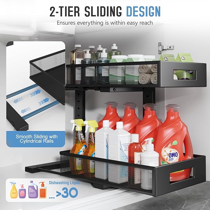 2-Pack Under Sink Organizers And Storage,Large Capacity 2-Tier Pull-Out Cabinet Organizer With Upgraded Tube Rails,Adjustable Height Sliding Drawers,Sturdy Mesh Shelves For Kitchen&Bathroom-Black-NeatNest