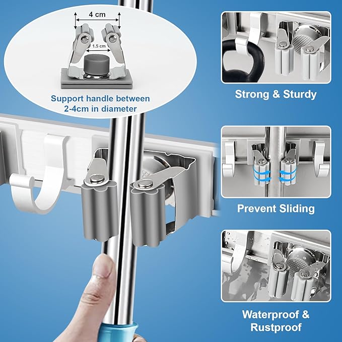 Mop and Broom Holder Wall Mount Metal Heavy Duty Utility Hooks Broom Organizer Garage Storage Systems Tool Racks for Home Laundry Garden Kitchen Organization (Silver, 2 Pack 3R4H)-NeatNest