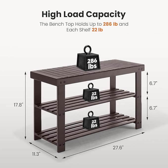 Sweetcrispy Shoe Rack Bench, 3-Tier Bamboo Entryway Storage Organizer, 286lb Capacity, Shoes Stand for FrontDoor Entrance, Bedroom, Living Room, Bathroom, Balcony, 11.3 x 27.6 x 17.8 Inches, Brown-NeatNest