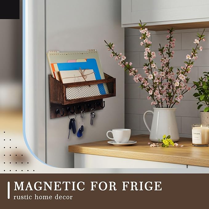 Magnetic Mail and Key Holder for Wall Fridge Wooden Mail Organizer with 5 Key Hooks for Home Bedroom Fridge Kitchen Decorative(Brown)
